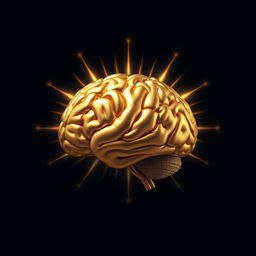 A mesmerizing golden brain surrounded by a radiant halo, elegantly positioned against a deep dark blue background
