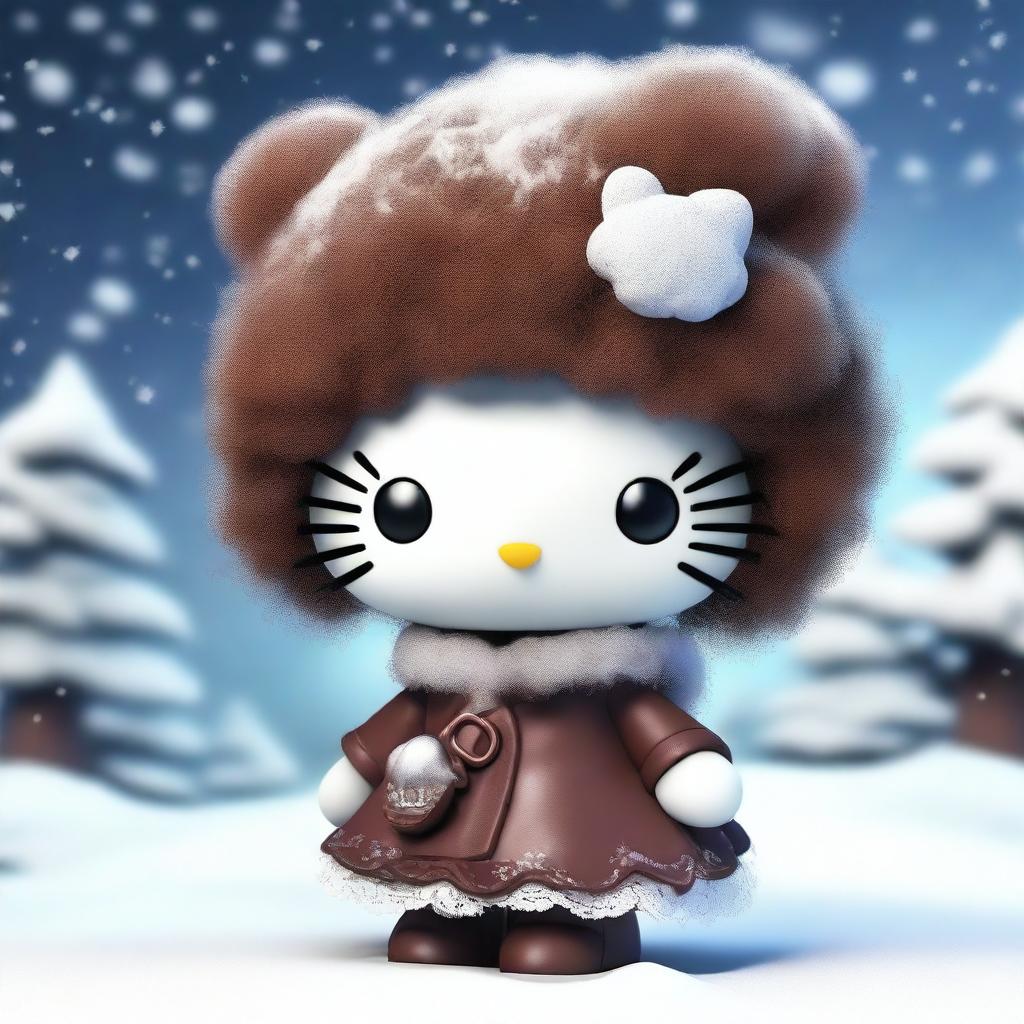 A high-quality 3D render of a Hello Kitty doll with brown fur, sporting an afro