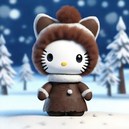 A high-quality 3D render of a Hello Kitty doll with brown fur, sporting an afro