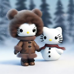 A high-quality 3D render of a Hello Kitty doll with brown fur, sporting an afro