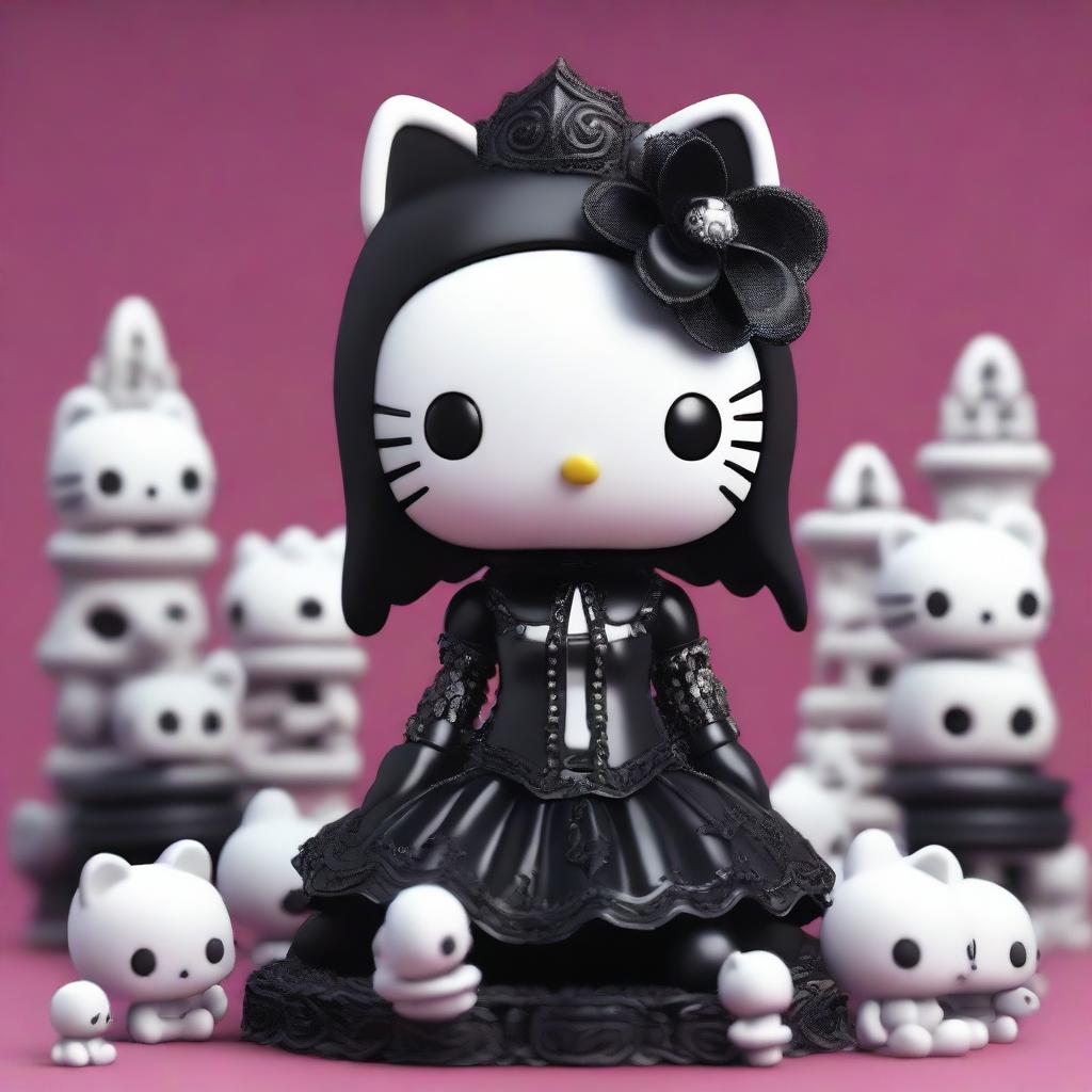 A high-quality 3D render of a goth-styled Hello Kitty figure sitting amidst a pile of bones