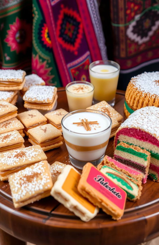 A colorful assortment of traditional Peruvian sweets displayed on a beautifully crafted wooden table