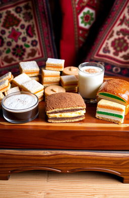 A colorful assortment of traditional Peruvian sweets displayed on a beautifully crafted wooden table