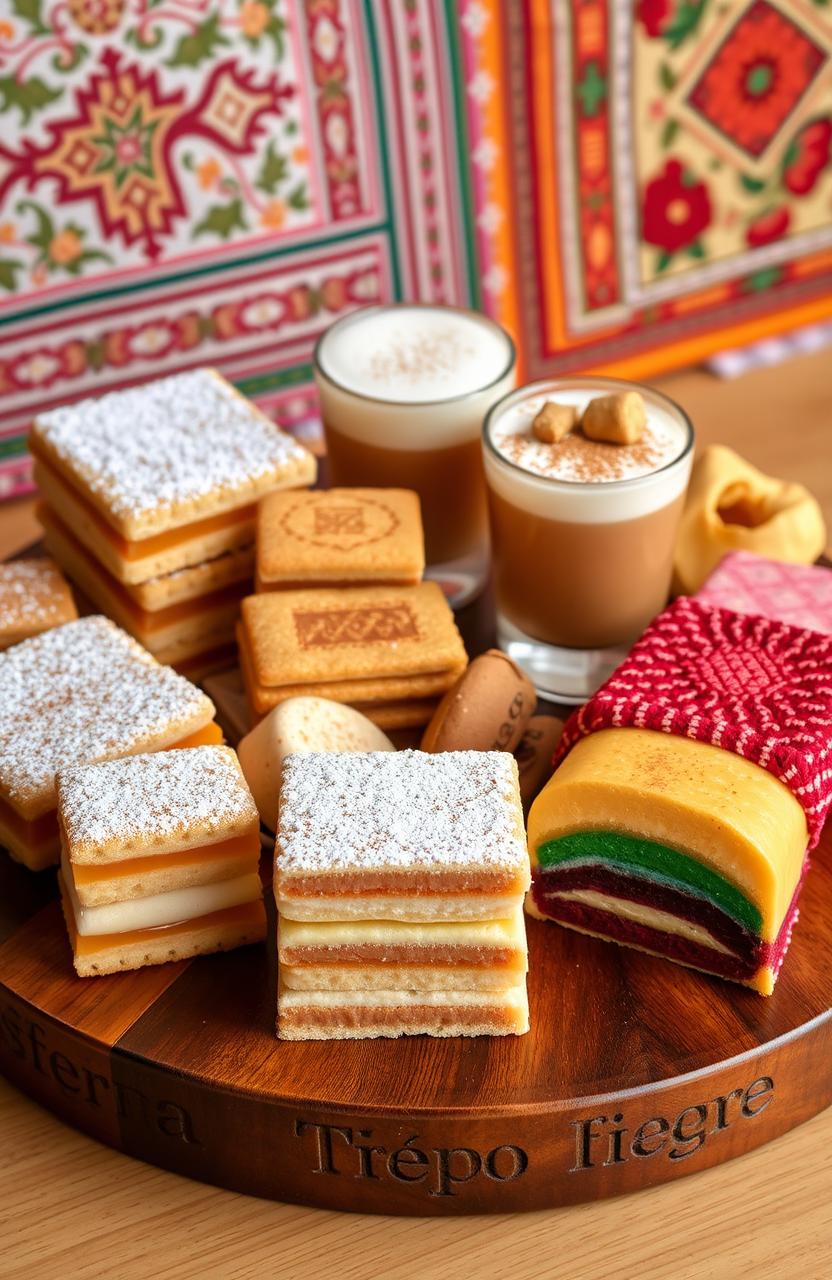 A colorful assortment of traditional Peruvian sweets displayed on a beautifully crafted wooden table
