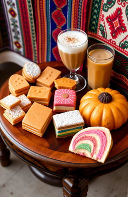 A colorful assortment of traditional Peruvian sweets displayed on a beautifully crafted wooden table