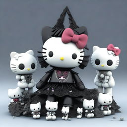 A high-quality 3D render of a goth-styled Hello Kitty figure sitting amidst a pile of bones