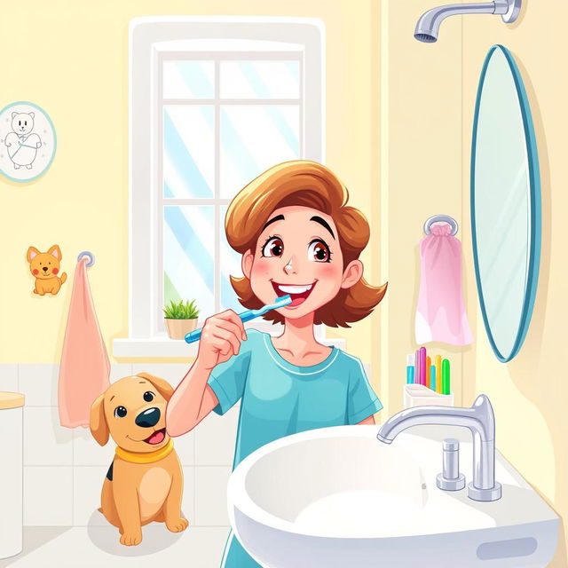 A vibrant and colorful illustration of a person brushing their teeth in a bright bathroom