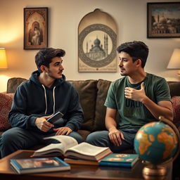 Two young adult brothers sitting in a cozy, warmly lit living room