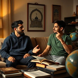 Two young adult brothers sitting in a cozy, warmly lit living room
