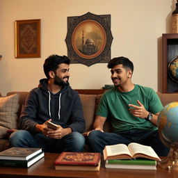 Two young adult brothers sitting in a cozy, warmly lit living room