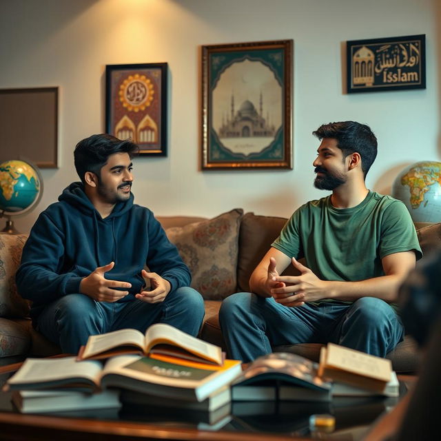 Two young adult brothers sitting in a cozy, warmly lit living room