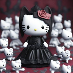 A high-quality 3D render of a goth-styled Hello Kitty figure sitting amidst a pile of bones