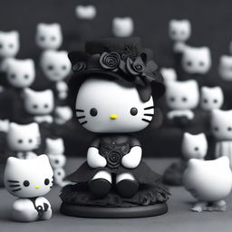 A high-quality 3D render of a goth-styled Hello Kitty figure sitting amidst a pile of bones