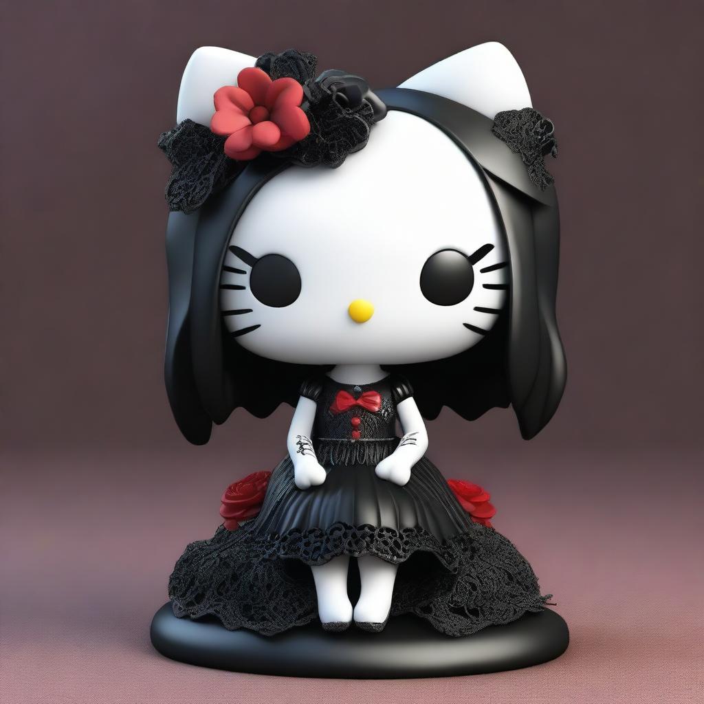 A high-resolution 3D render of a gothic Hello Kitty figurine with long, dark hair