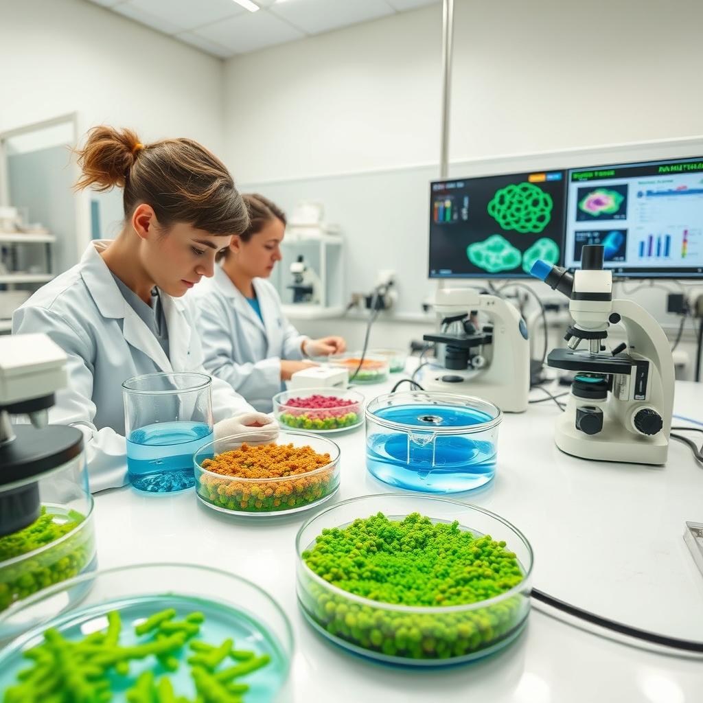 A scientific laboratory scene showcasing innovative marine microorganisms being cultured in petri dishes and bioreactors for the purpose of producing high-quality animal feed