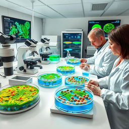A scientific laboratory scene showcasing innovative marine microorganisms being cultured in petri dishes and bioreactors for the purpose of producing high-quality animal feed