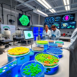 A scientific laboratory scene showcasing innovative marine microorganisms being cultured in petri dishes and bioreactors for the purpose of producing high-quality animal feed