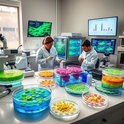 A scientific laboratory scene showcasing innovative marine microorganisms being cultured in petri dishes and bioreactors for the purpose of producing high-quality animal feed