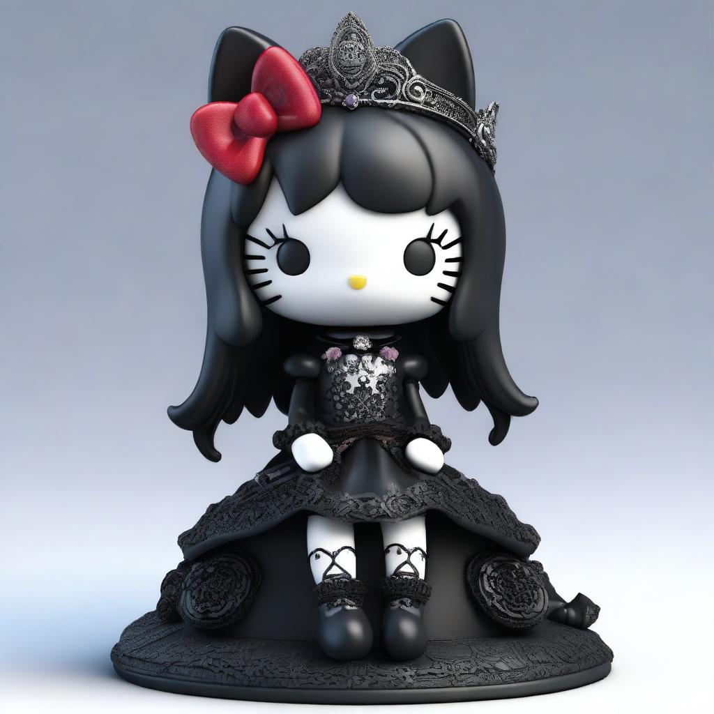 A high-resolution 3D render of a gothic Hello Kitty figurine with long, dark hair