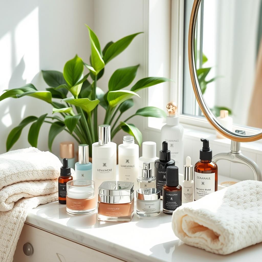A serene skincare routine setup featuring an elegant assortment of skincare products on a luxurious vanity