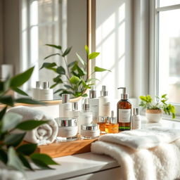 A serene skincare routine setup featuring an elegant assortment of skincare products on a luxurious vanity