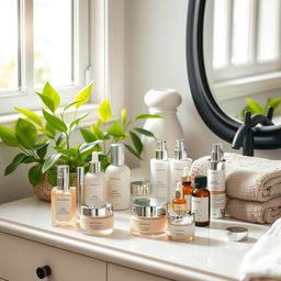 A serene skincare routine setup featuring an elegant assortment of skincare products on a luxurious vanity