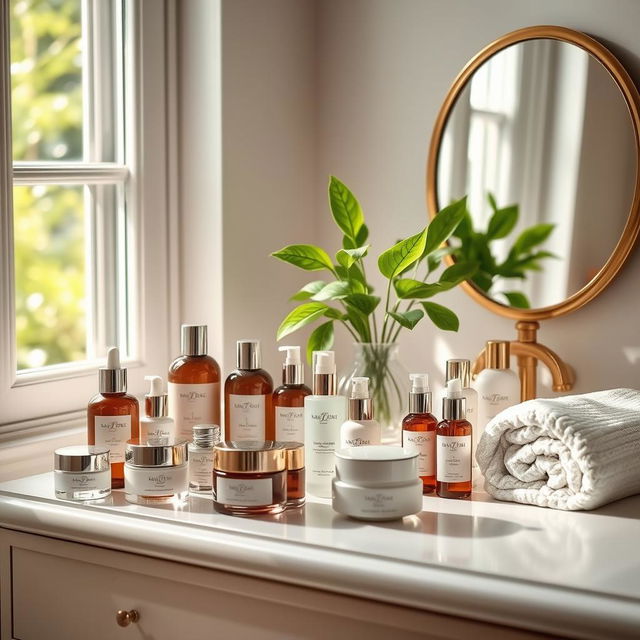 A serene skincare routine setup featuring an elegant assortment of skincare products on a luxurious vanity