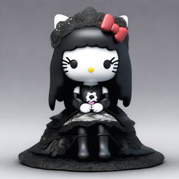 A high-resolution 3D render of a gothic Hello Kitty figurine with long, dark hair