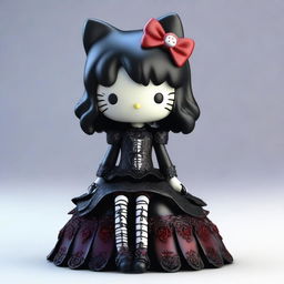 A high-resolution 3D render of a gothic Hello Kitty figurine with long, dark hair