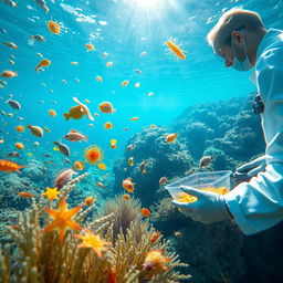 A vibrant underwater scene depicting a diverse range of marine microorganisms like phytoplankton and zooplankton in their natural habitat