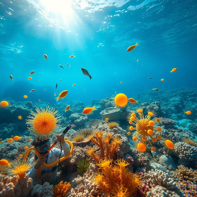 A vibrant underwater scene depicting a diverse range of marine microorganisms like phytoplankton and zooplankton in their natural habitat