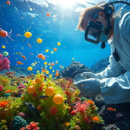 A vibrant underwater scene depicting a diverse range of marine microorganisms like phytoplankton and zooplankton in their natural habitat