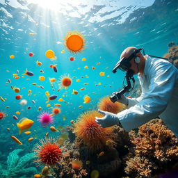 A vibrant underwater scene depicting a diverse range of marine microorganisms like phytoplankton and zooplankton in their natural habitat
