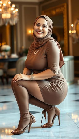 A high-class, rich European woman, aged 50, with fair white skin and a voluptuous, busty body