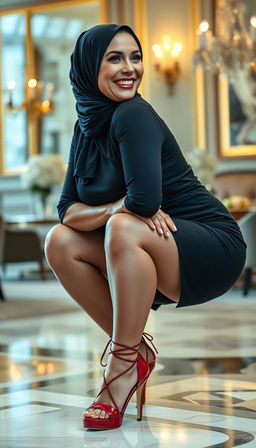 A high-class, rich European woman, aged 50, with fair white skin and a voluptuous, busty body