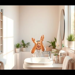 A serene bathroom scene depicting a person washing their face at a modern sink