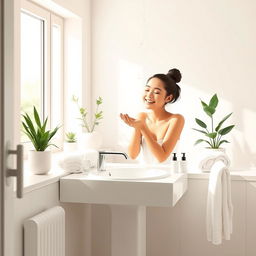 A serene bathroom scene depicting a person washing their face at a modern sink