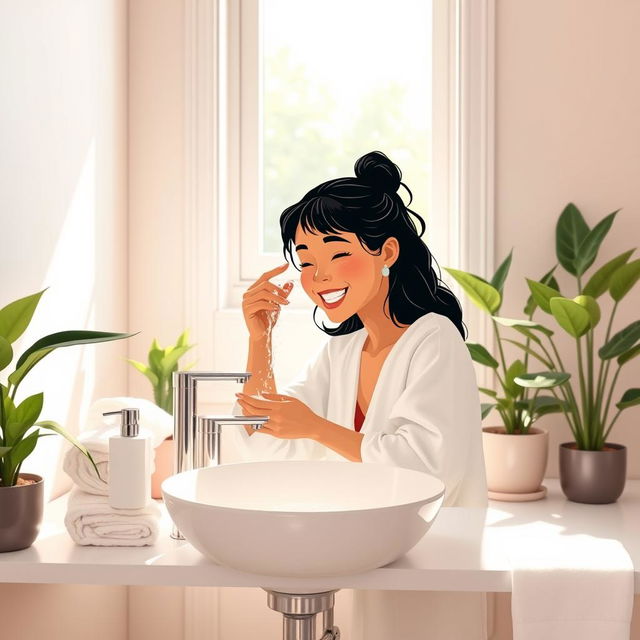 A serene bathroom scene depicting a person washing their face at a modern sink