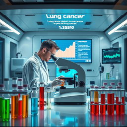 A futuristic medical laboratory setting focused on a liquid biopsy procedure for lung cancer detection