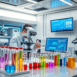 A futuristic medical laboratory setting focused on a liquid biopsy procedure for lung cancer detection