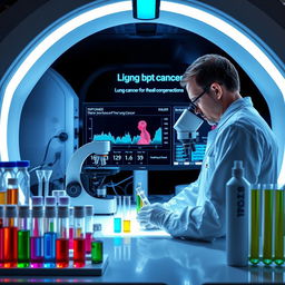 A futuristic medical laboratory setting focused on a liquid biopsy procedure for lung cancer detection