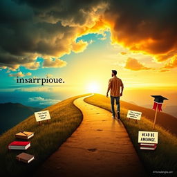 A visually striking poster depicting a protagonist on a journey from uncertainty to purpose, symbolizing personal growth and the importance of education