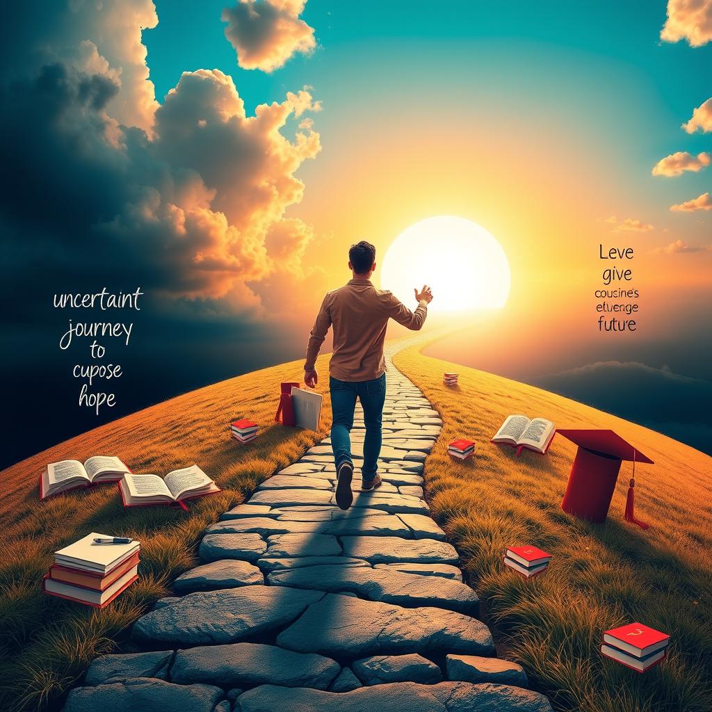 A visually striking poster depicting a protagonist on a journey from uncertainty to purpose, symbolizing personal growth and the importance of education