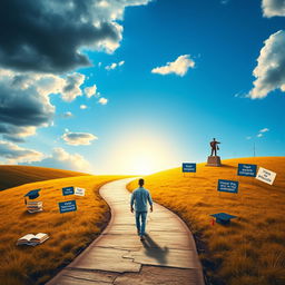 A visually striking poster depicting a protagonist on a journey from uncertainty to purpose, symbolizing personal growth and the importance of education