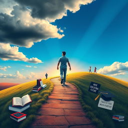 A visually striking poster depicting a protagonist on a journey from uncertainty to purpose, symbolizing personal growth and the importance of education