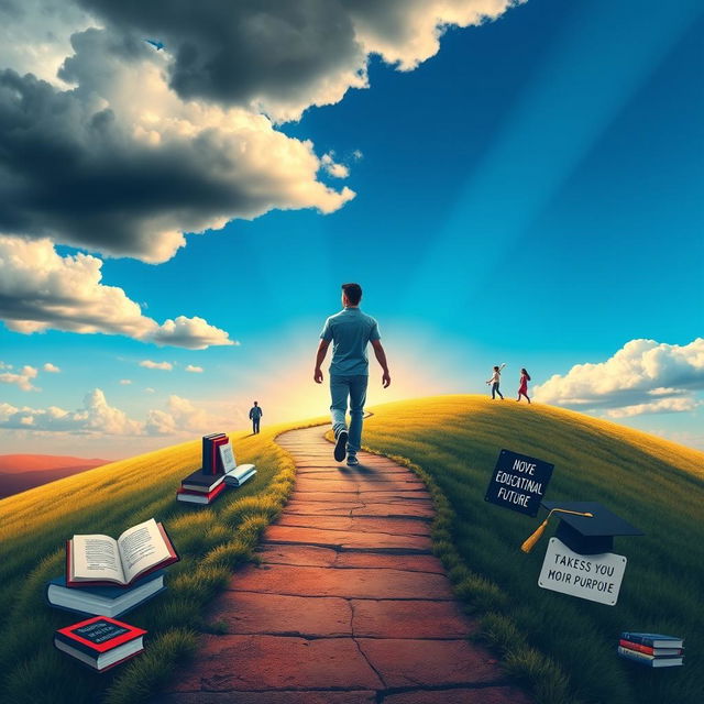 A visually striking poster depicting a protagonist on a journey from uncertainty to purpose, symbolizing personal growth and the importance of education