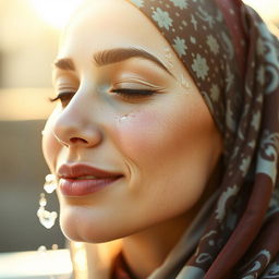 A beautiful close-up portrait of a woman washing her face while wearing a stylish headscarf