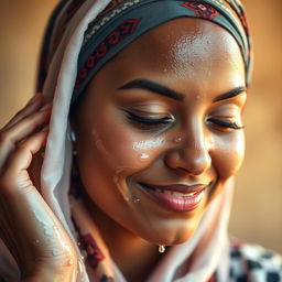 A beautiful close-up portrait of a woman washing her face while wearing a stylish headscarf