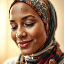 A beautiful close-up portrait of a woman washing her face while wearing a stylish headscarf