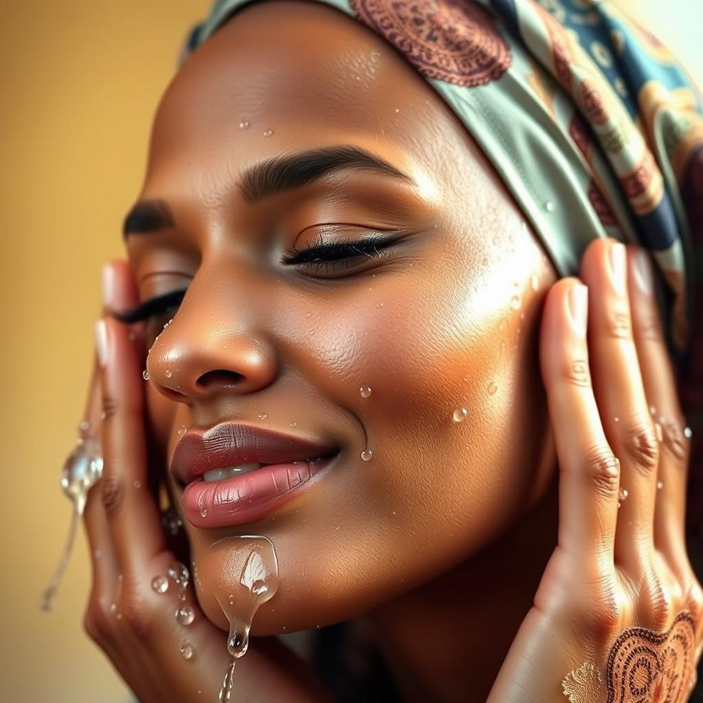 A beautiful close-up portrait of a woman washing her face while wearing a stylish headscarf